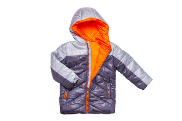 Winter jacket isolated. A stylish black warm down jacket with orange lining for the kids isolated...
