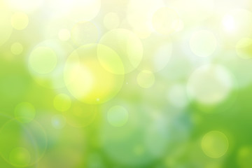 Fototapeta na wymiar Abstract bright spring or summer landscape texture with natural green bokeh lights and yellow circular lights. Autumn or summer background with copy space.