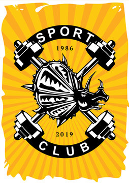 Sport club vintage poster with dumbell. Retro gym emblem with dynosaur. Vector style t-shirt print.