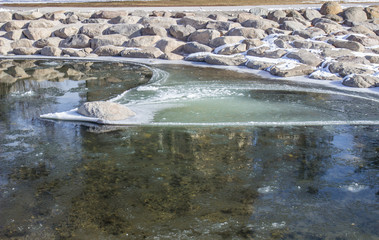 Iced Over River With Snow Covered Shoreline