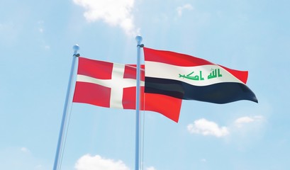 Iraq and Denmark, two flags waving against blue sky. 3d image