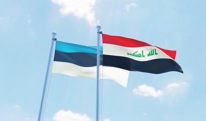Iraq and Estonia, two flags waving against blue sky. 3d image