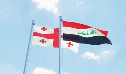 Iraq and Georgia, two flags waving against blue sky. 3d image