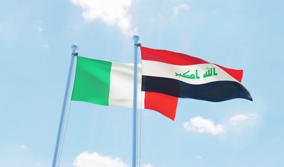 Iraq and Italy, two flags waving against blue sky. 3d image
