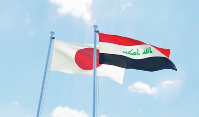 Iraq and Japan, two flags waving against blue sky. 3d image
