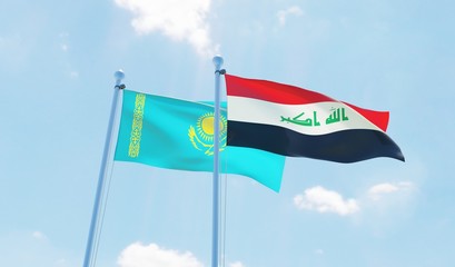 Iraq and Kazakhstan, two flags waving against blue sky. 3d image