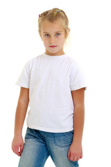 Fototapeta premium Little girl with a white t-shirt for advertising.