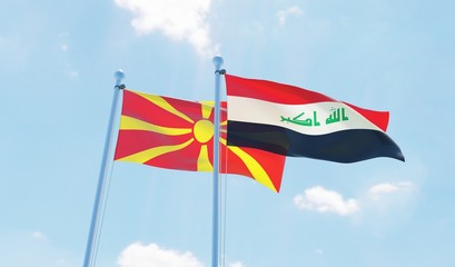 Iraq and Macedonia, two flags waving against blue sky. 3d image