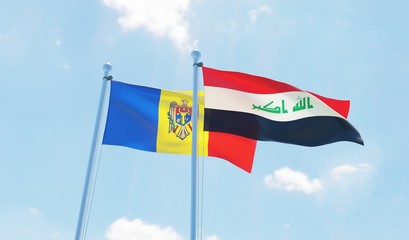Iraq and Moldova, two flags waving against blue sky. 3d image