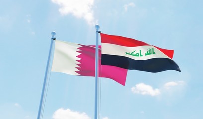 Iraq and Qatar, two flags waving against blue sky. 3d image