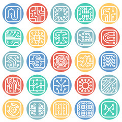 Obraz premium Electronic circuit icons set on color circles white background for graphic and web design, Modern simple vector sign. Internet concept. Trendy symbol for website design web button or mobile app