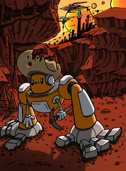 2d cartoon style illustration of miner mechanoid mining in desert ravines. Futuristic cyberpunk miner robot vector art
