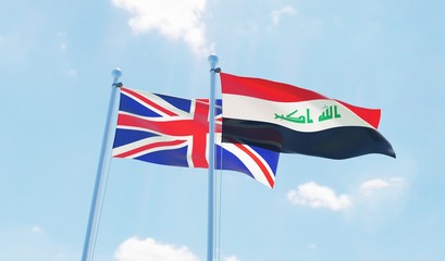 Iraq and UK, two flags waving against blue sky. 3d image