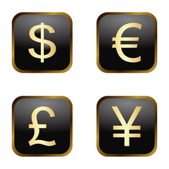 Vector icon set: golden currency icons on black background - dollar, euro, pound, yen