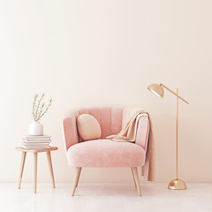 Living room interior wall mock up with pastel coral pink armchair, round pillow, plaid, lamp and plant on empty beige wall background. 3D rendering.