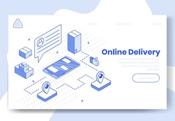 Digital isometric design concept set of online delivery app 3d icons.Isometric business finance symbols-user profile,package boxes,geo tags,thumb up on landing page banner web online concept
