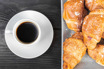 Breakfast concept, Cup of coffee and croissants