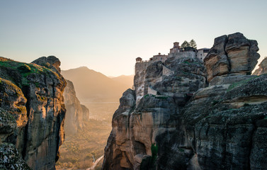 Landscape of Meteora, a rock formation in central Greece, hosting one of the largest and most precipitously built complexes of Eastern Orthodox monasteries, second in importance only to Mount Athos.
