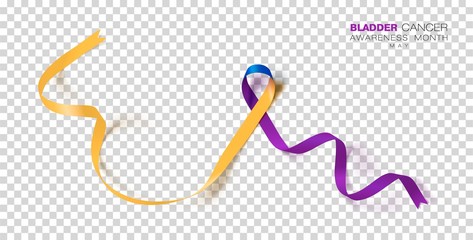 Bladder Cancer Awareness Month. Marigold And Blue And Purple Color Ribbon Isolated On Transparent Background. Vector Design Template For Poster.
