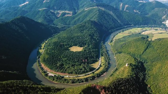 Flight over Vag river bend, near Zilina, Slovakia
