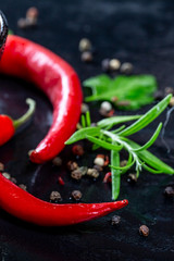 Chili pepper spicy with spices and rosemary on black stone background. The concept of cooking, ingredients. Flatley. Top view
