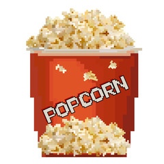 Popcorn icon. Pixel art style. Fast food at the cinema. 8-bit. Isolated vector illustration. Old school computer graphic style. Games elements.