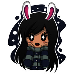  Cartoon style digital art of cute girl who loves kittens. illustration of child wearing coat, addicted to cats.