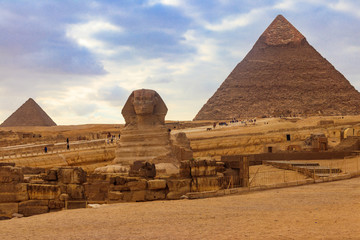 Egyptian Great Sphinx and pyramids of Giza in Cairo, Egypt
