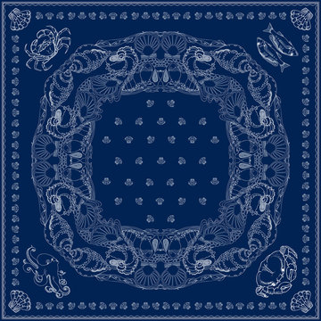 Bandana square pattern. Vector marine-themed illustration on blue.