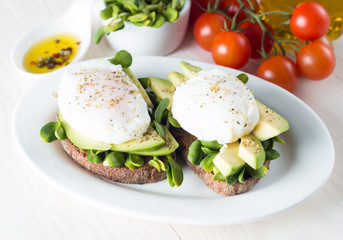 Avocado toast, cherry tomato on wooden background. Breakfast with toast avocado, vegetarian food, healthy diet concept. Healthy sandwich with avocado and poached eggs.