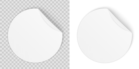 Creative vector illustration of round adhesive stickers with curved corner, folded edges isolated on transparent background. Art design paper circle memos template. Abstract concept price tag element