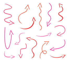 Hand drawn colored arrows on white. Abstract pointers. Line art creative. Set of different signs. Colorful illustration. Doodles for artwork