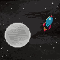 Pixel art icons. Planet, spaceship. Retro game design interface. Pixel art background. 8 bit. 