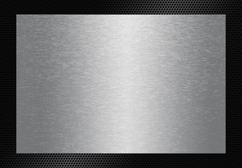 Shiny Silver Metal Sign Board Steel Plate on Black Grid Background