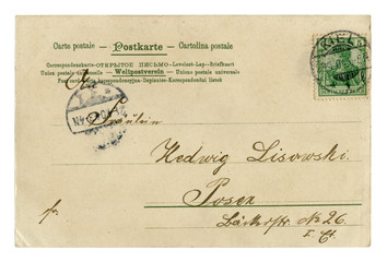 Back of historical german postcard  letter written in black ink, with postmark Keel, 1904, Schleswig-Holstein, Germany