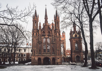 St. Anne's Church and Bernardine Monastery in Vilnius, Lithuania. Tourism at winter season