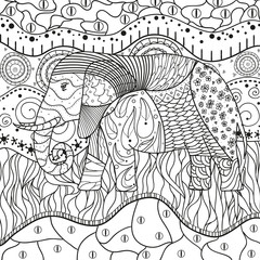 Elephant on abstract mandala. Hand drawn animal with tribal patterns on isolation background. Design for spiritual relaxation for adults. Black and white illustration for coloring.