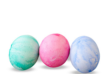 Three Easter egg, green, pink and blue, isolated on white background