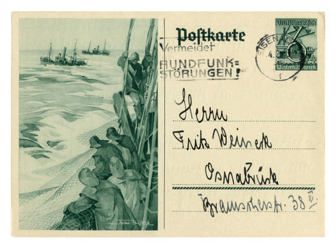 German historical postal card: "Winter Relief" Series "Ships", Fishermen on a trawler throwing nets into the sea, issue 1937, Germany, world war two, Third Reich