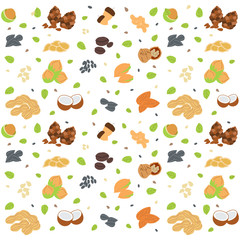 Colorfull seamless pattern with different nuts and seeds. Organic healthy food concept. Vector background for your design