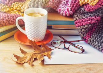 A сup of tea, stack of books and dry leaf on the background of a knitted blanket.