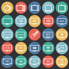 TV icons set on color circles black background for graphic and web design, Modern simple vector sign. Internet concept. Trendy symbol for website design web button or mobile app