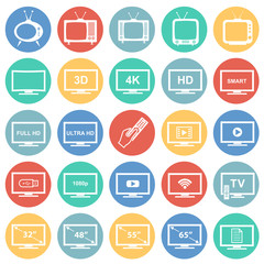 TV icons set on color circles white background for graphic and web design, Modern simple vector sign. Internet concept. Trendy symbol for website design web button or mobile app