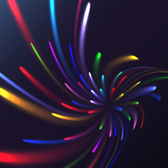 Multicolored abstract glowing festive salute, fireworks, magical energy, brilliant electric cosmic fiery of lines, stripes, rays of light on a colored background. Vector illustration. Texture