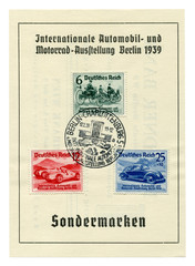 German historical stamps: sheet "International auto and motor show in Berlin (IAA) 1939" with special cancellation Berlin-Charlottenburg, 17 February 1939, DR, third Reich