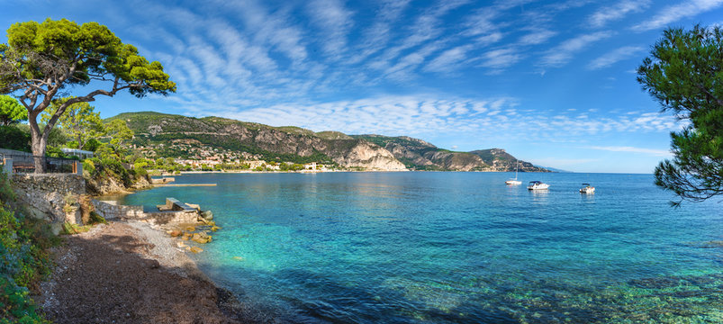 Wide panorama over Saint-Jean-Cap-Ferrat beach, on the Azur French coast of Nice in summertime