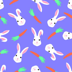 Cute rabbit and carrot seamless pattern. Funny bunny cartoon character for decoration nursery, design kids clothing, fabric, wrapping, textile, wallpaper.