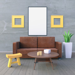 Mockup poster in the interior with  furniture and gray wall. 3D rendering
