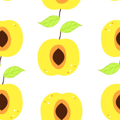 Seamless pattern with an apricot on a white background. Tropical fruit art.