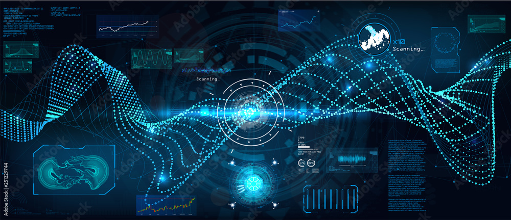 Poster Data flow analysis. Big data algorithms visualization, technologies infographic analytic in HUD style. Futuristic interface. Statistics big data, analytical indicator and biology formuls. Vector Hud